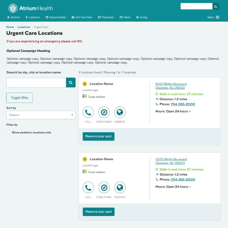 Atrium Health location search redesign